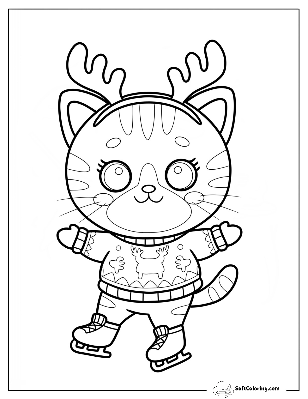 Ice Skating Christmas Cat In Reindeer Sweater