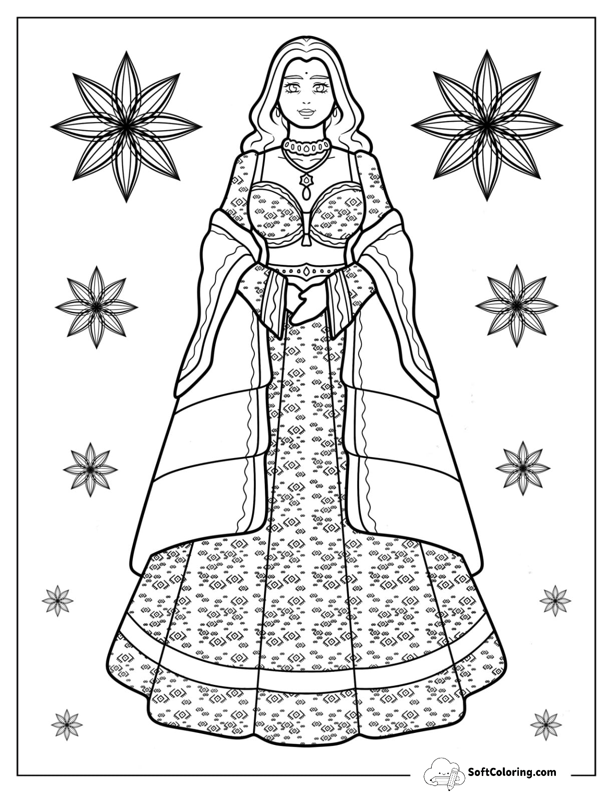Indian Woman Wearing Elegant Sari Dress Coloring Page