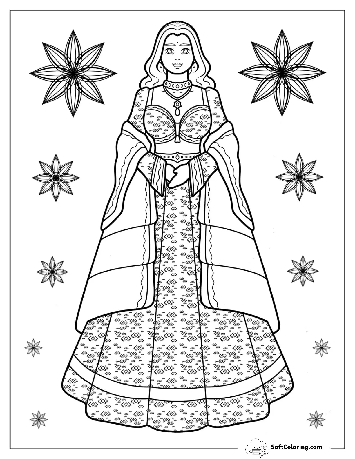 Indian Woman Wearing Elegant Sari Dress Coloring Page