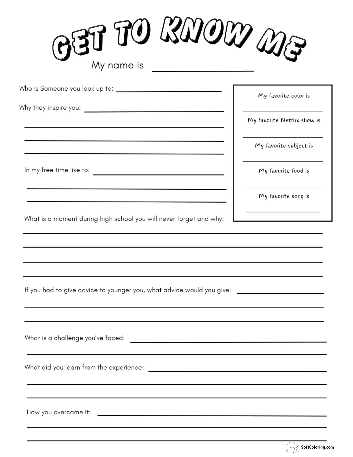 Interesting High School Get To Know Me Printable Worksheet