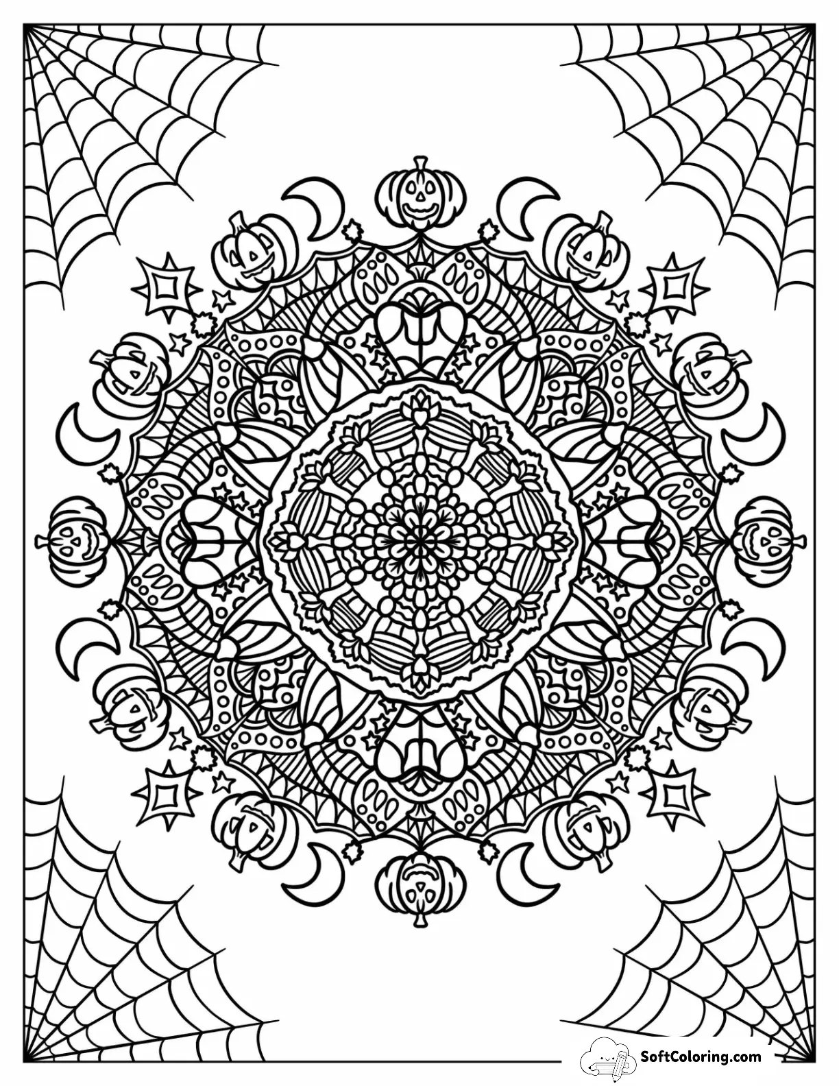 Intricate Crescent Moon And Jack O Lantern Halloween Mandala