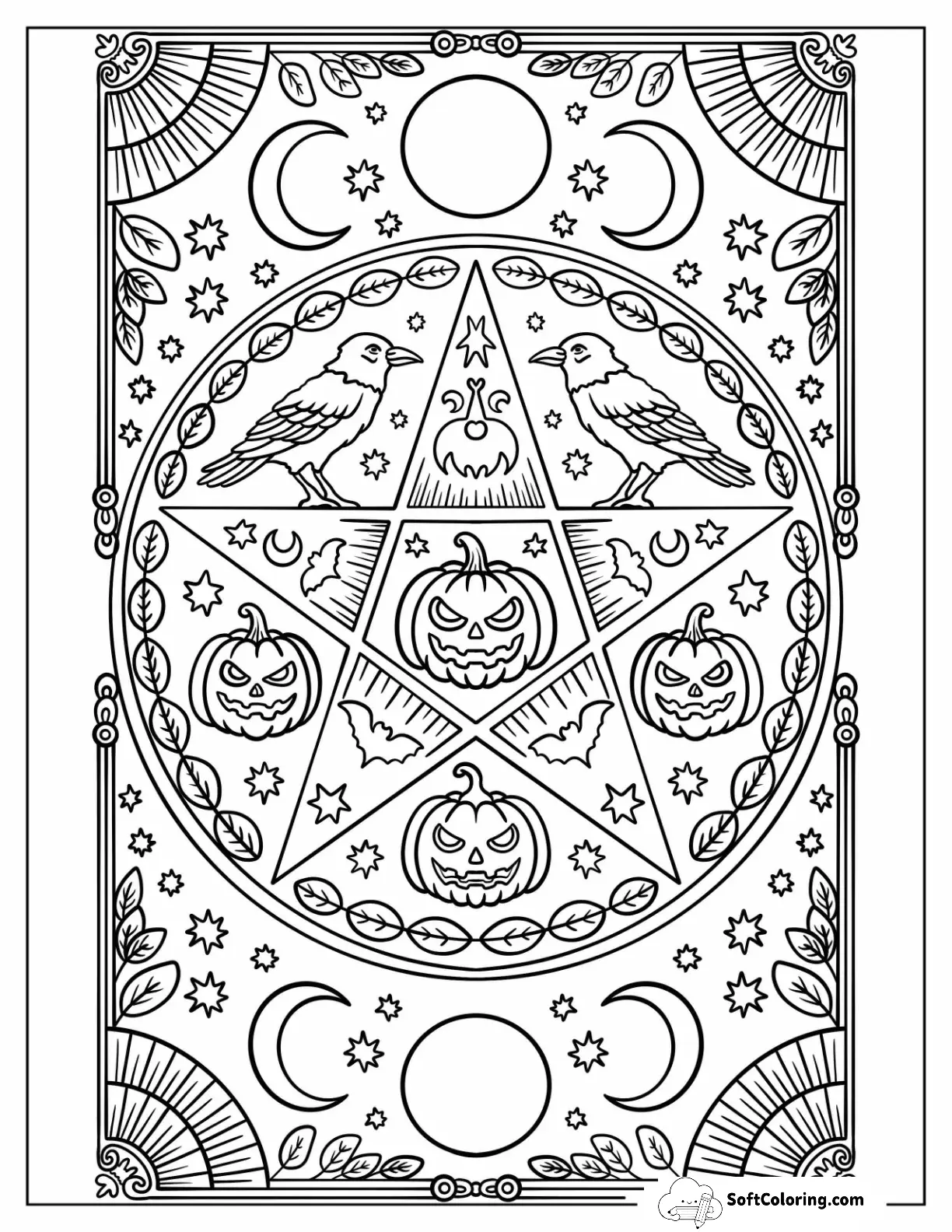 Intricate Pentagram Design With Pumpkins, Ravens, And Moons Halloween