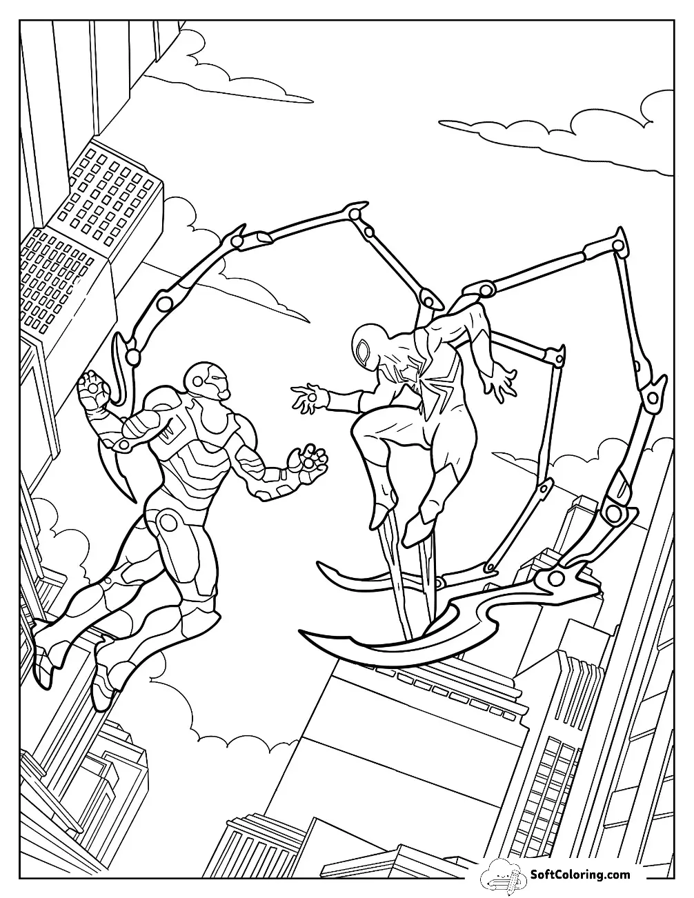 Iron Man Fighting Iron Spider-Man Coloring Page In The City