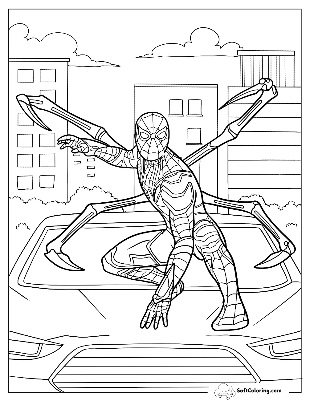 Iron Spider-Man Coloring Page Crouched On Top Of A Car