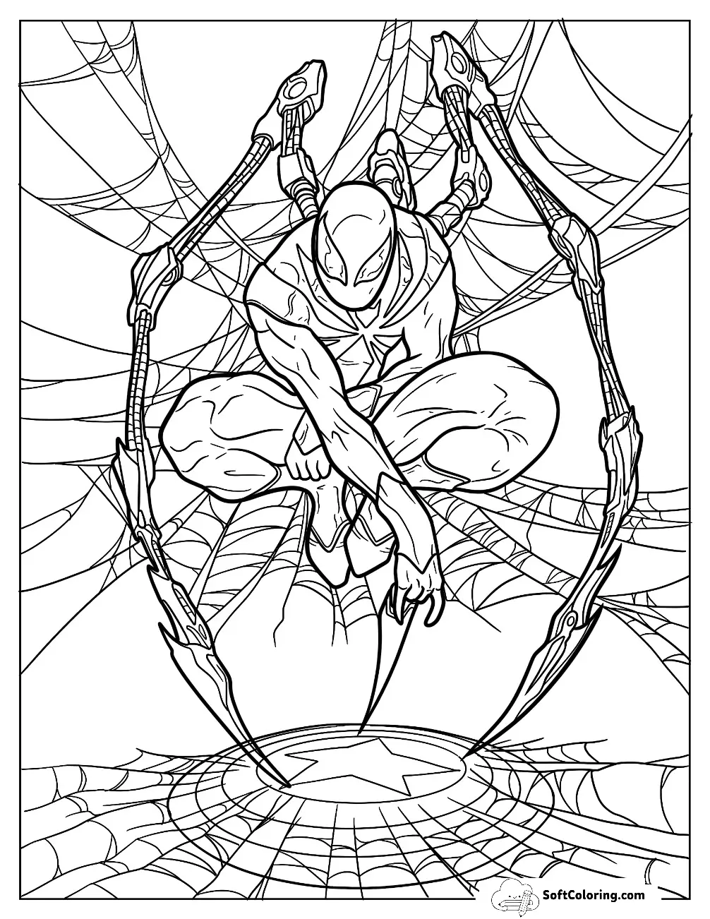 Iron Spider-Man In The Middle Of A Web With Captain America Shield