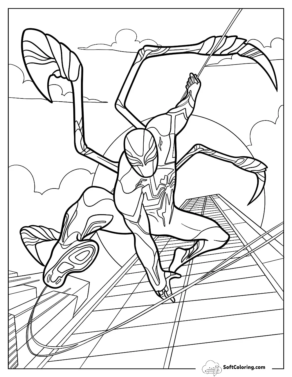 Iron Spider-Man Coloring Page Leaping From Building