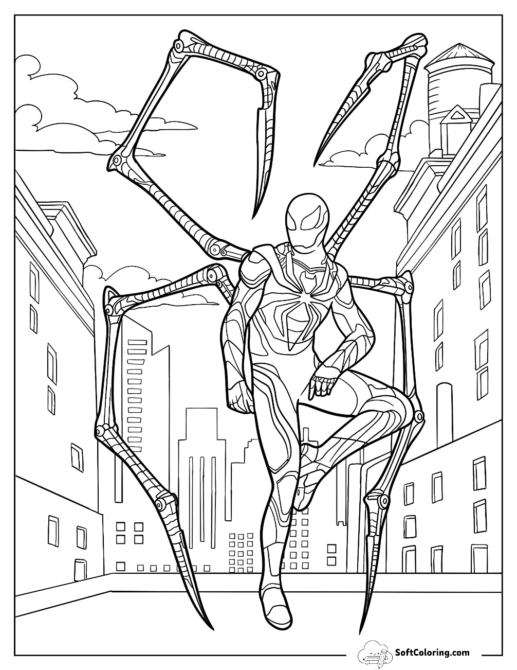 Iron Spider-Man Coloring Page Standing On Pincers