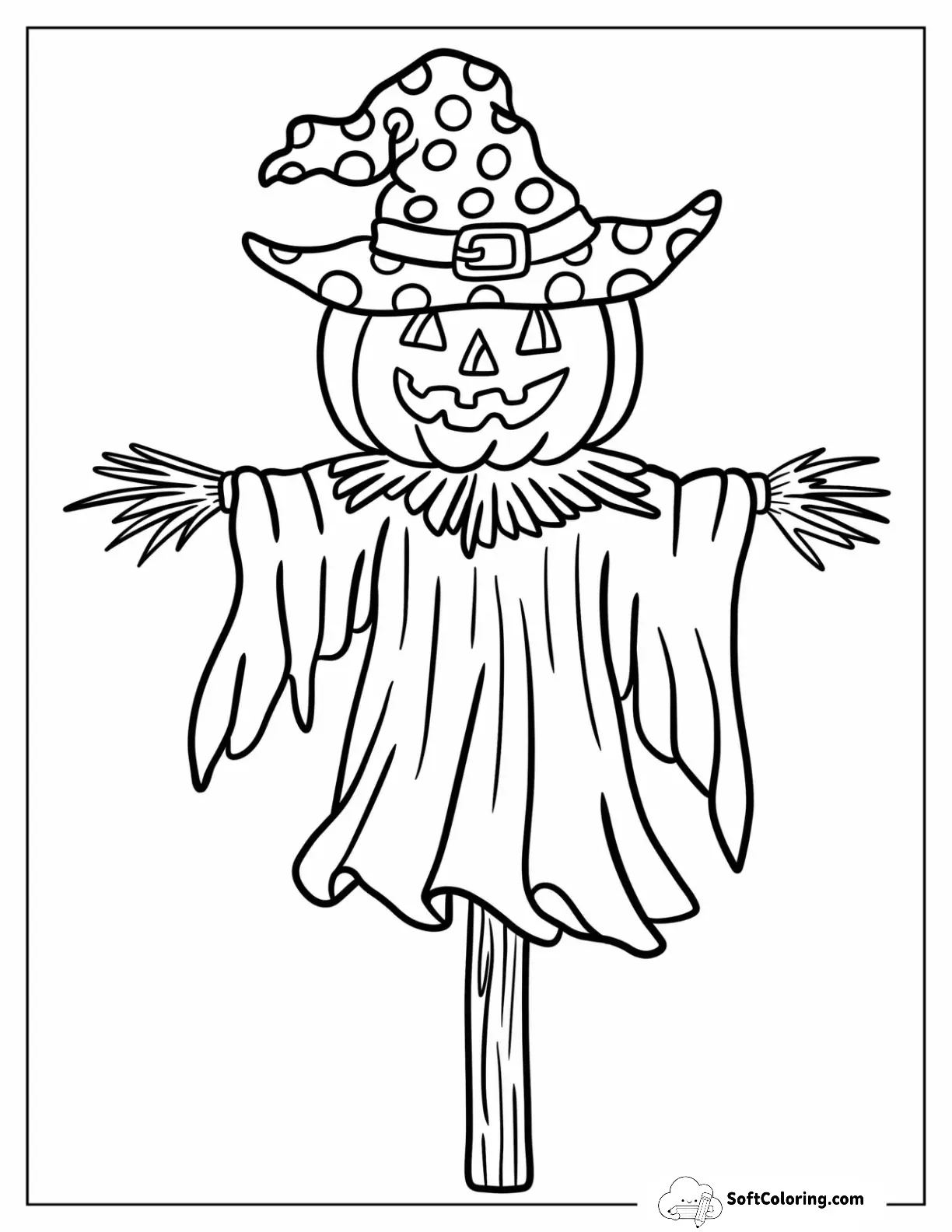 Jack O Lantern Scarecrow Coloring Page Wearing A Polka Dot Witch Hat
