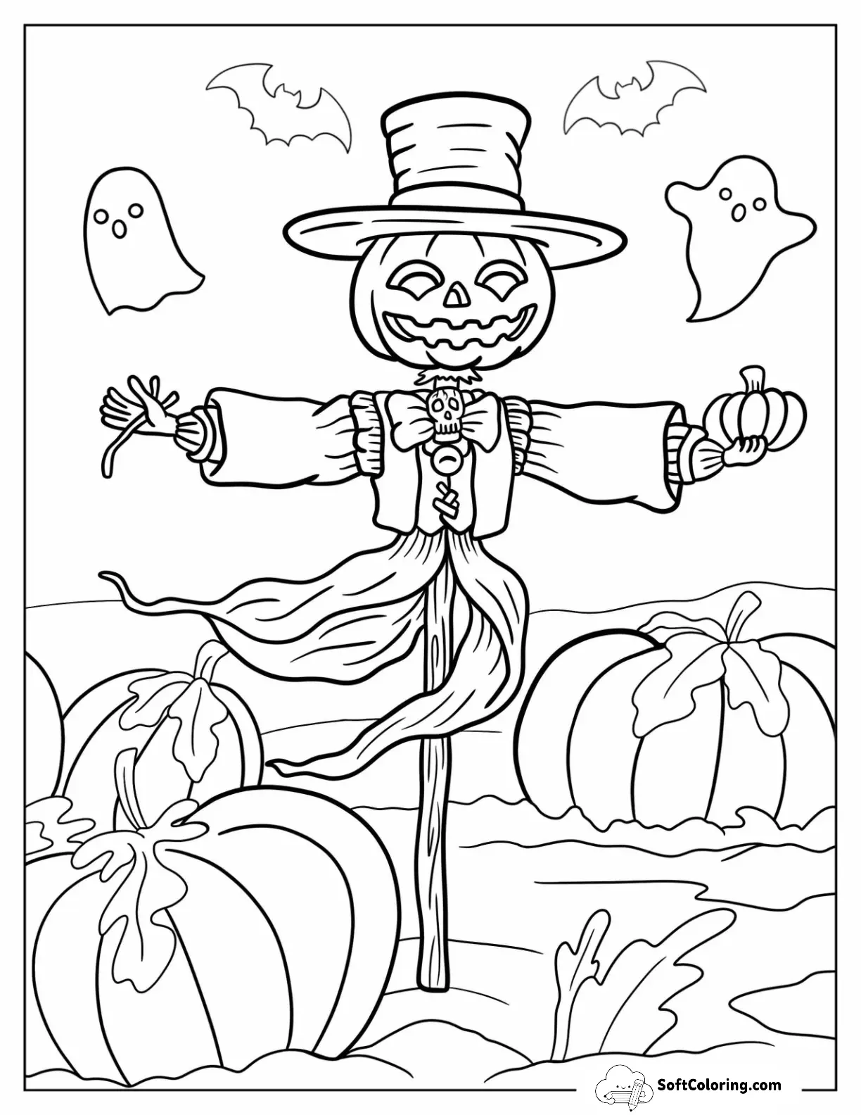 Jack O Lantern Scarecrow Coloring Page With A Top Hat On Halloween