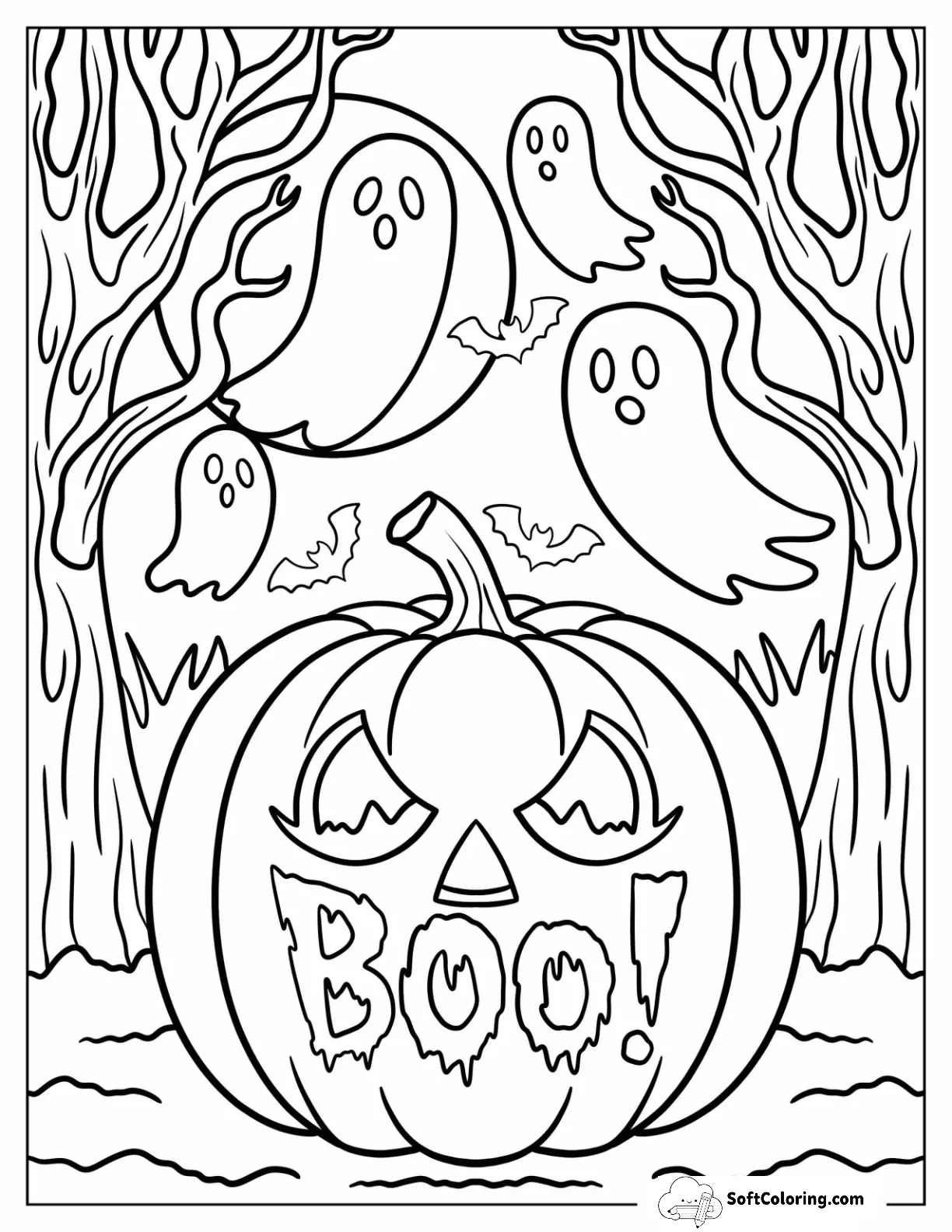 Jack-O-Lantern With “Boo!” And Floating Ghosts