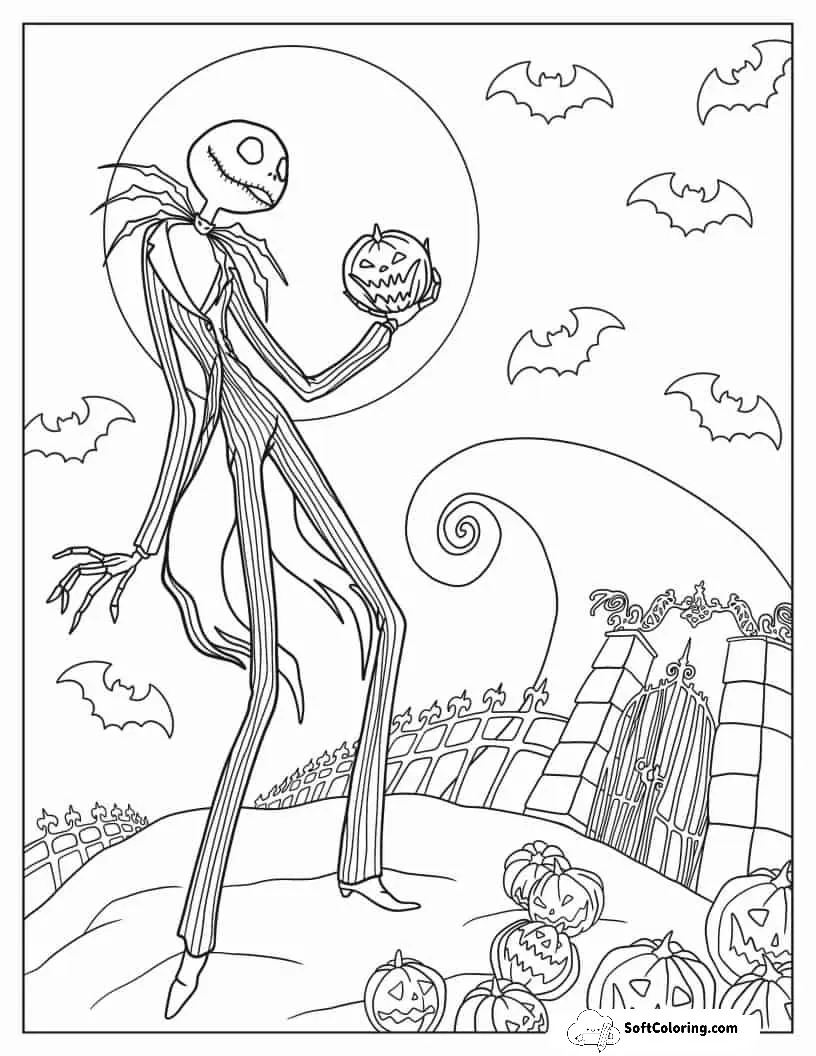 Jack Skellington Holding Jack-O-Lantern Halloween Coloring In