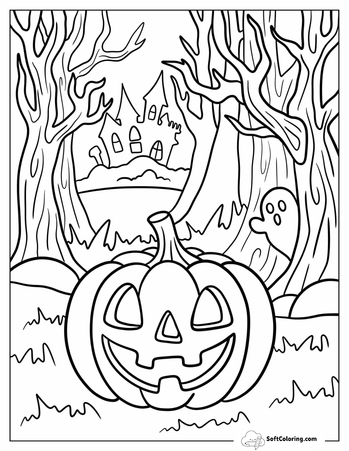Jack-O-Lantern In Forest Pathway With Ghost And Haunted Castle