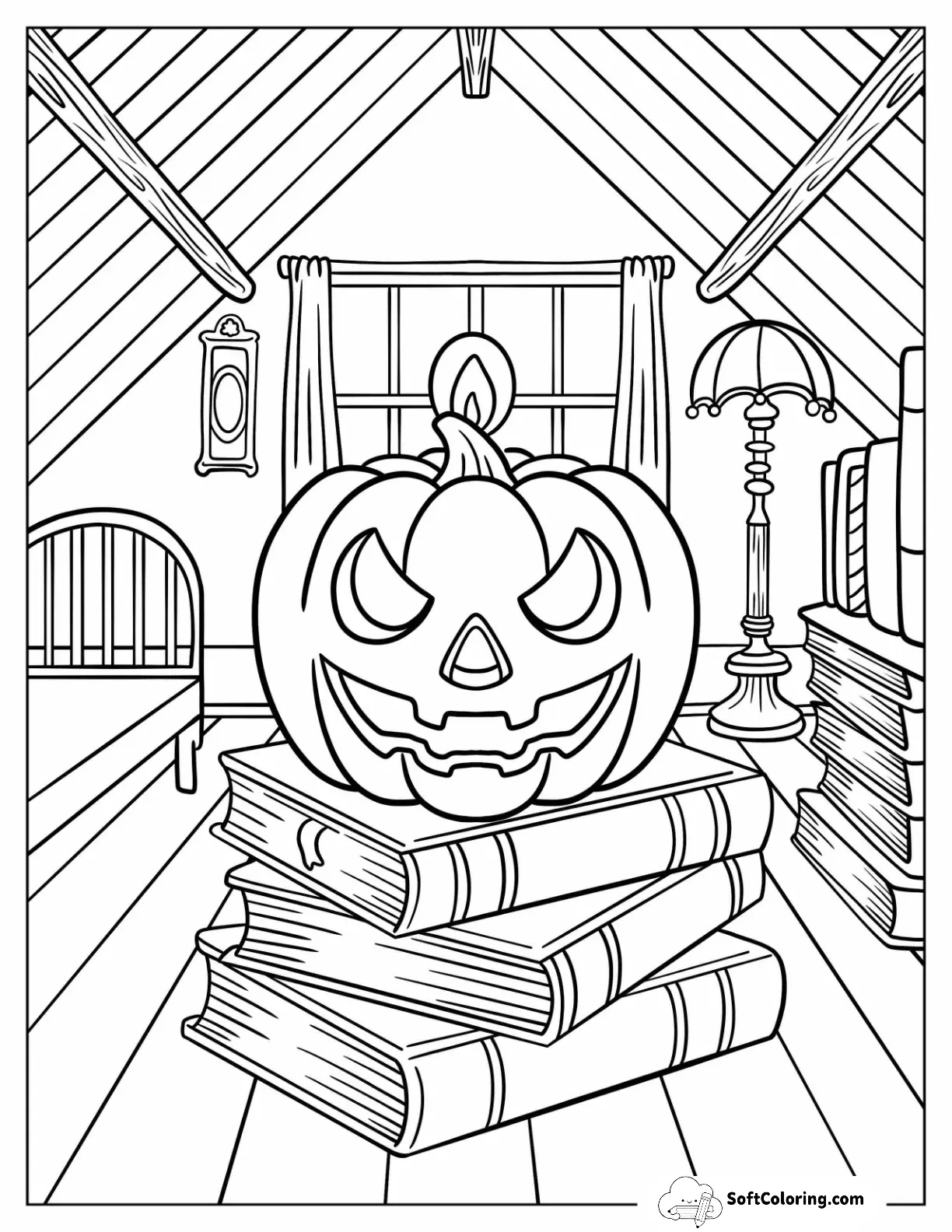 Jack-O-Lantern Coloring Page On Books In Spooky Attic