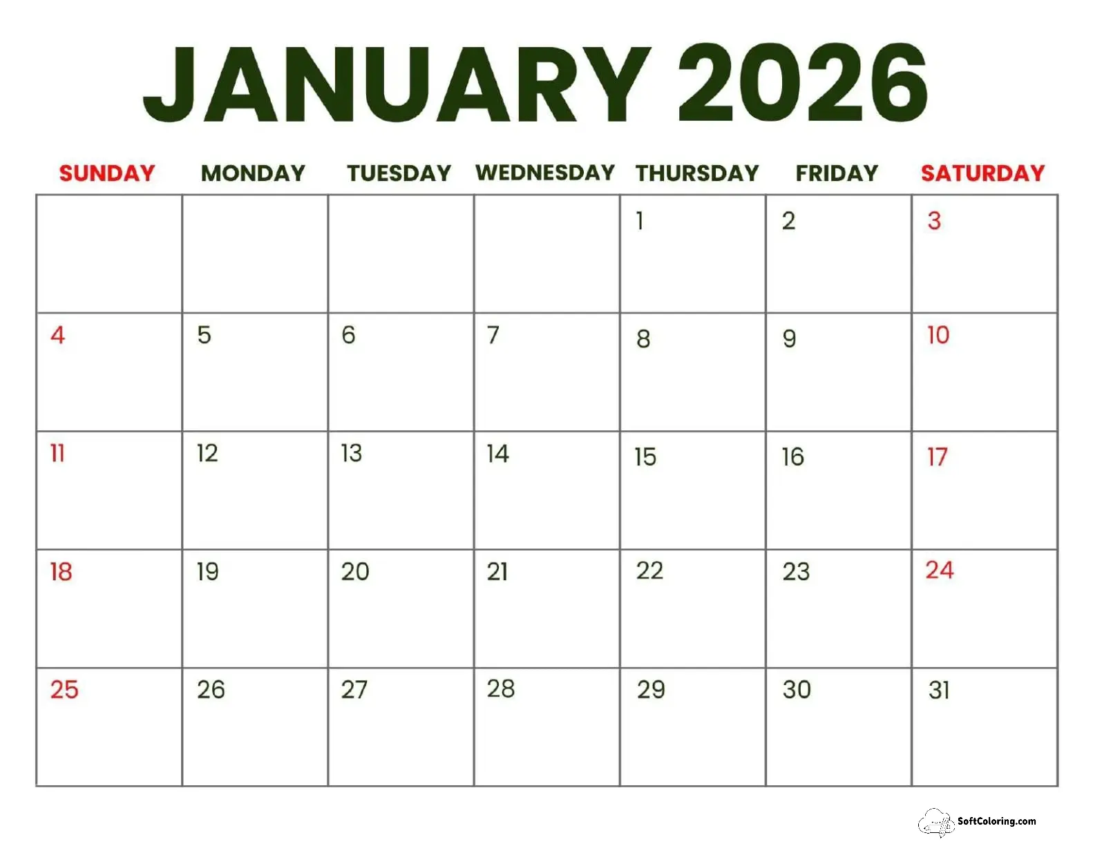 January 2026 Calendar Printable Business Landscape
