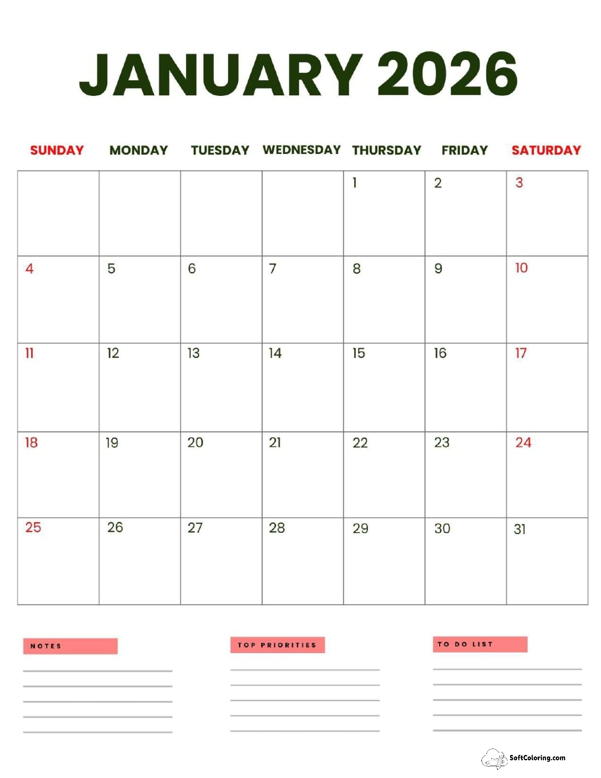 January 2026 Calendar Printable Business Portrait