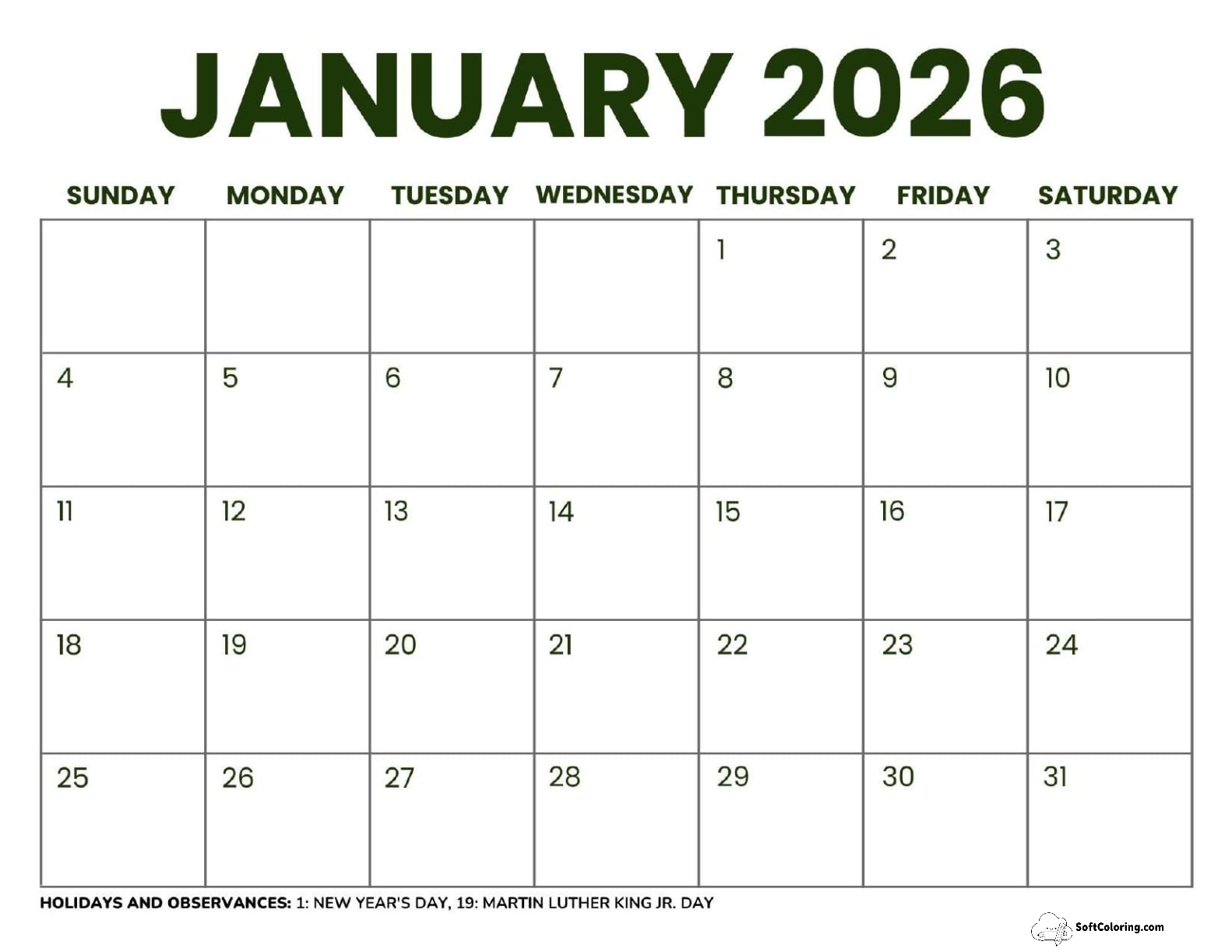 January 2026 Calendar Printable Business2 Landscape