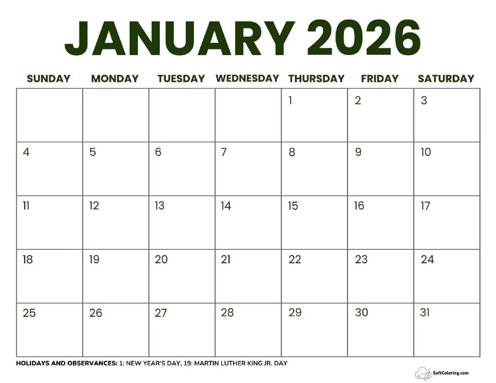 January 2026 Calendar Printable Business2 Landscape