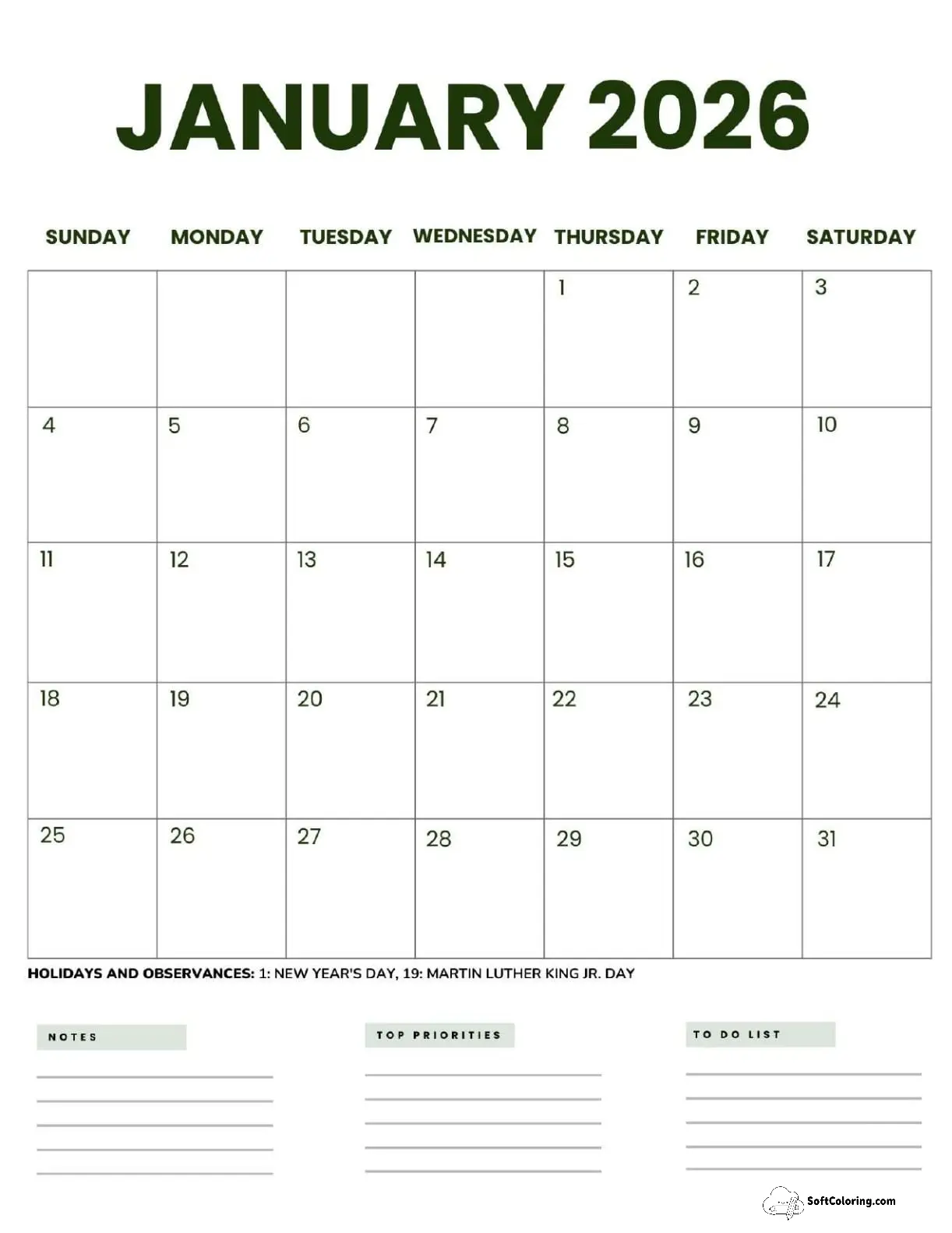 January 2026 Calendar Printable Business2 Portrait