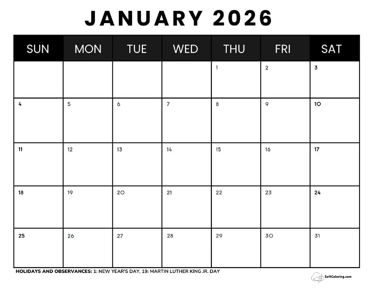 January 2026 Calendar Printable Business4 Landscape