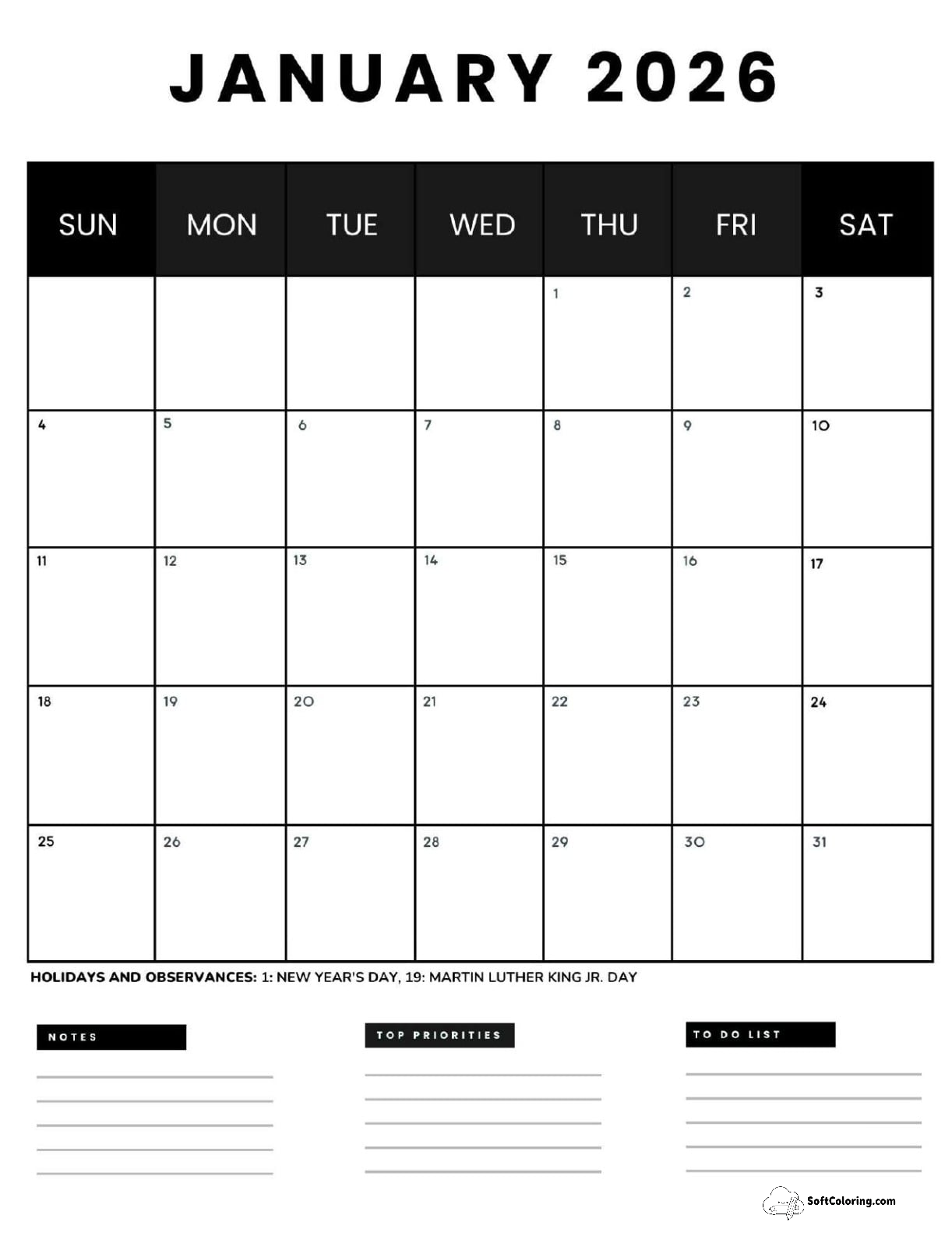 January 2026 Calendar Printable Business4 Portrait