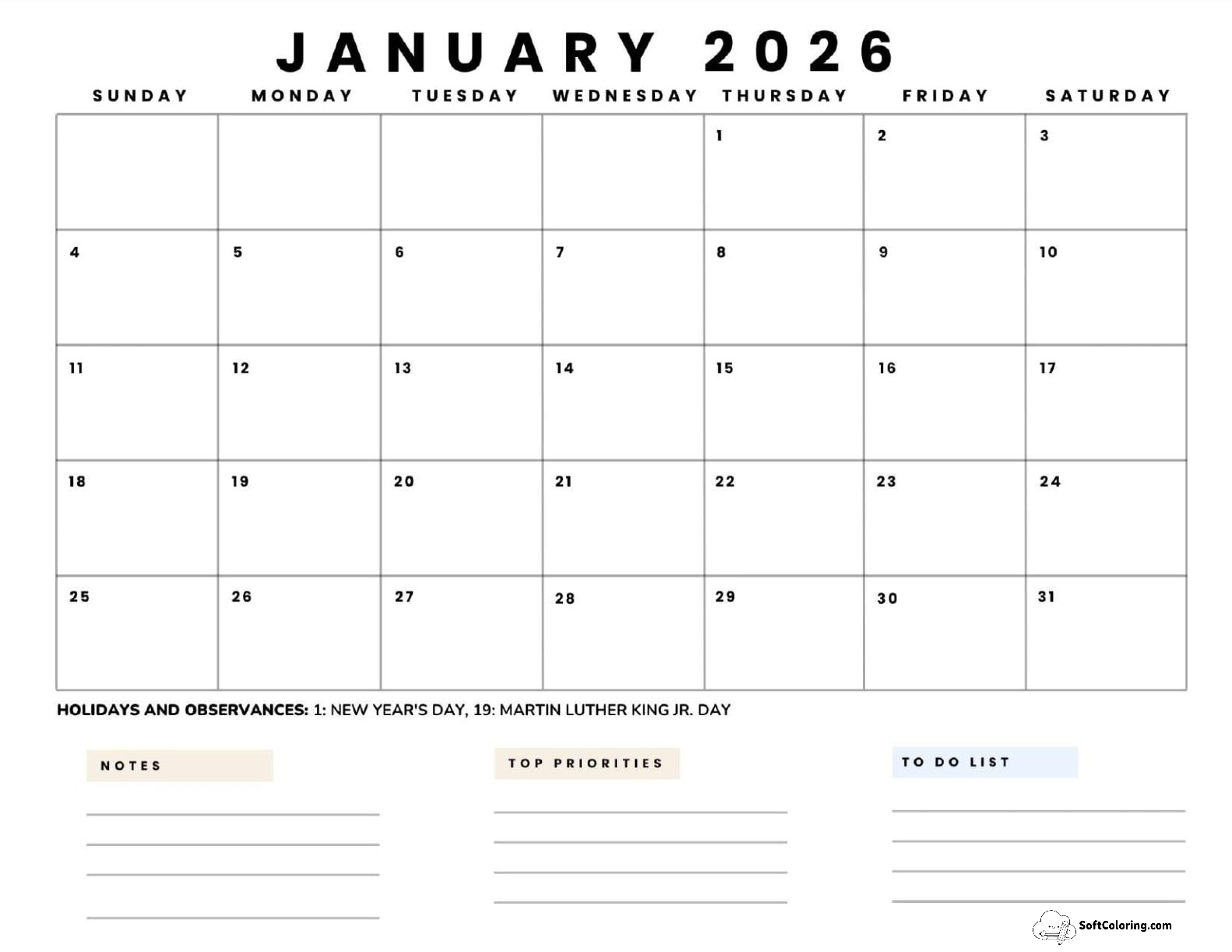January 2026 Calendar Printable Business5 Landscape
