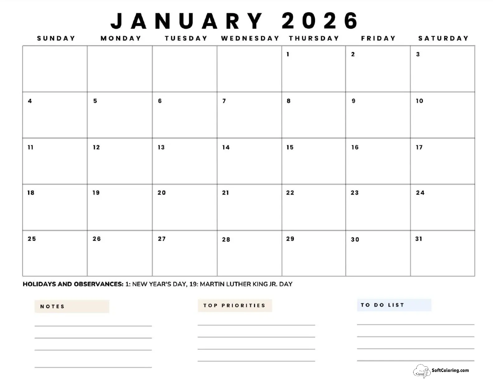 January 2026 Calendar Printable Business5 Landscape