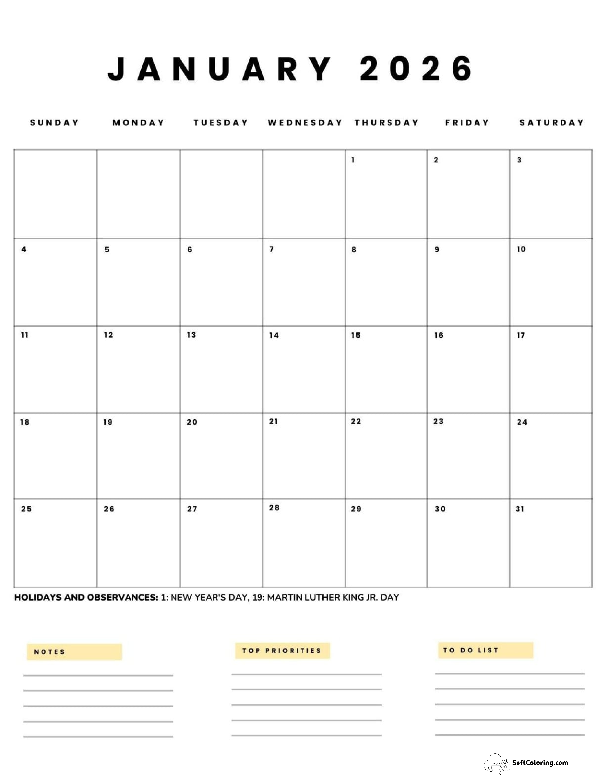 January 2026 Calendar Printable Business5 Portrait