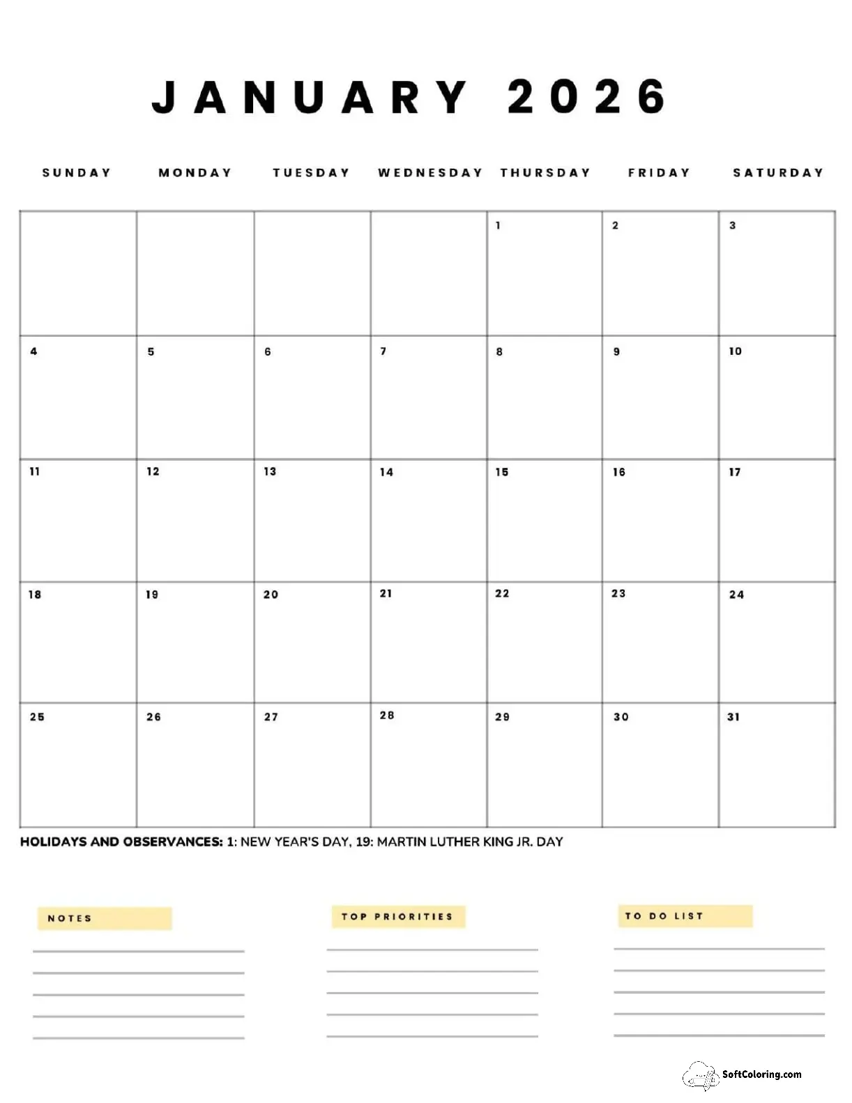 January 2026 Calendar Printable Business5 Portrait