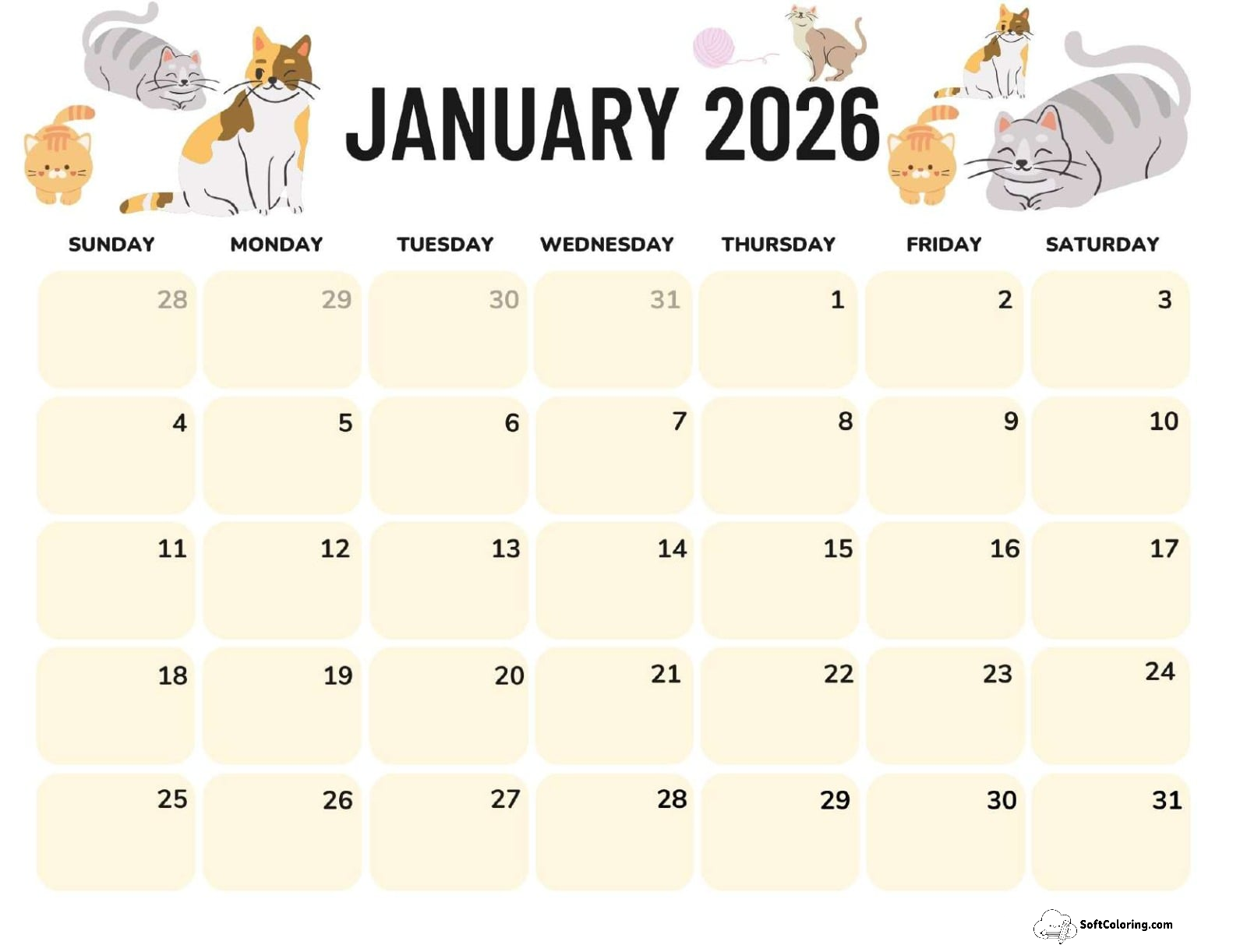 January 2026 Calendar Printable Cats Landscape