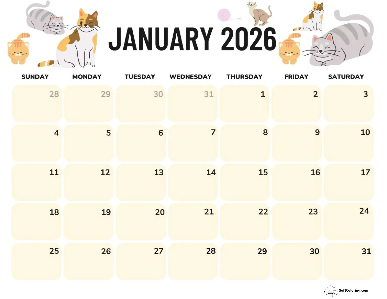 January 2026 Calendar Printable Cats Landscape