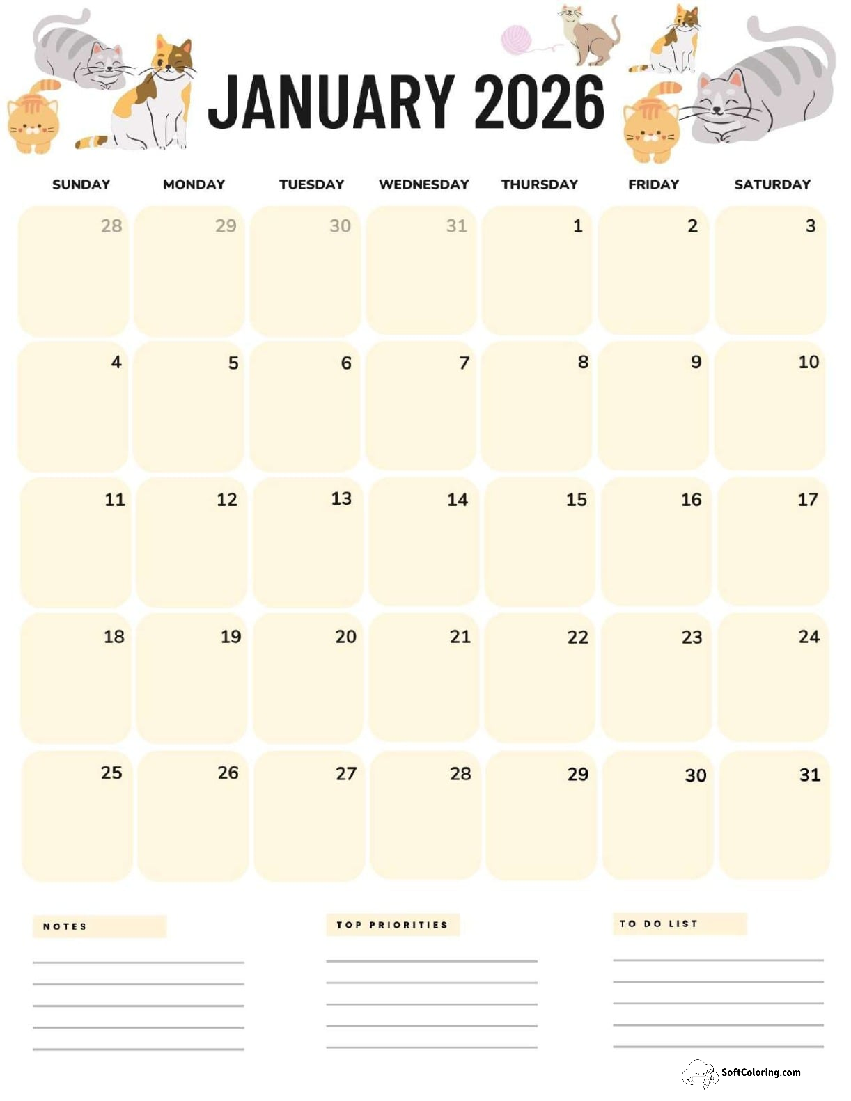 January 2026 Calendar Printable Cats Portrait