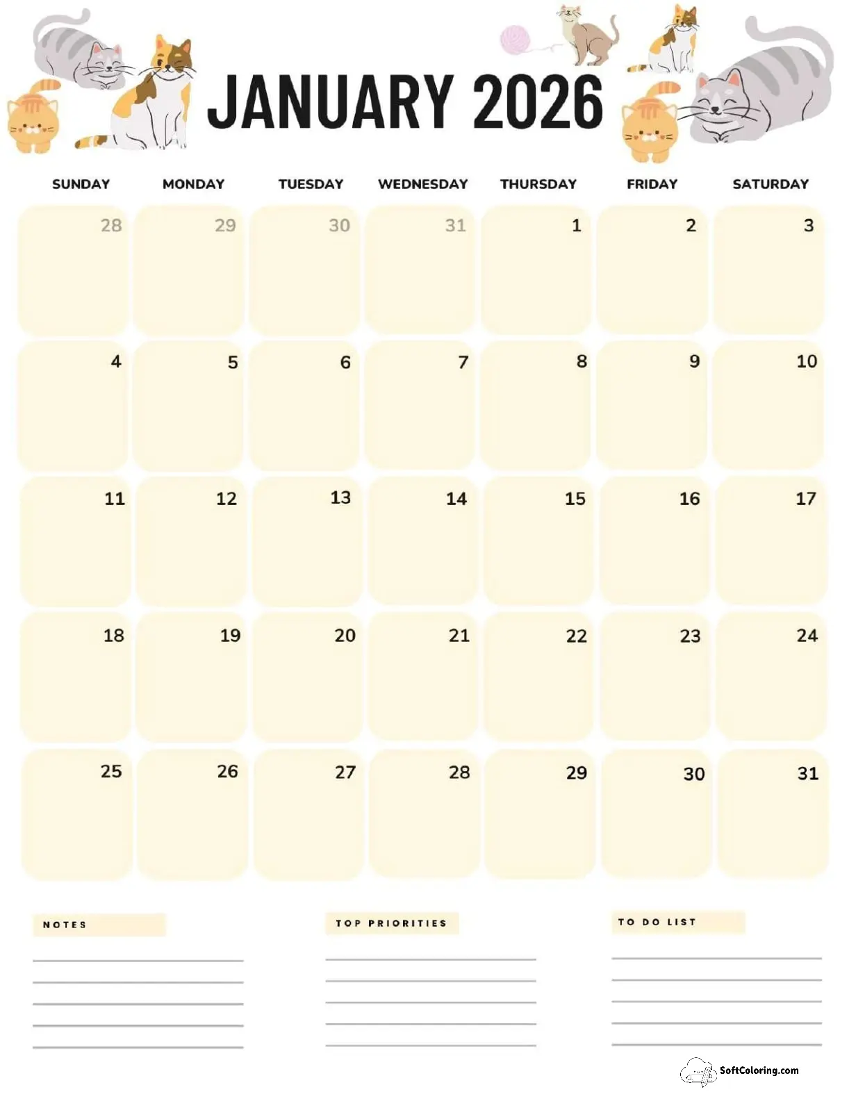 January 2026 Calendar Printable Cats Portrait