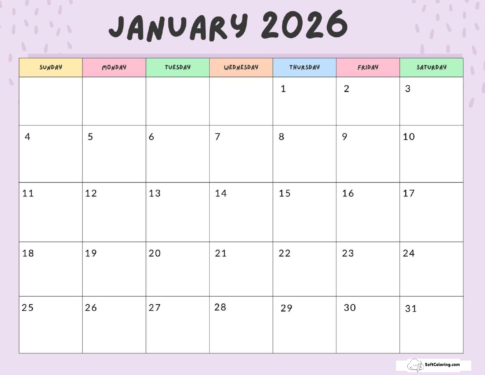 January 2026 Calendar Printable Colorful Landscape