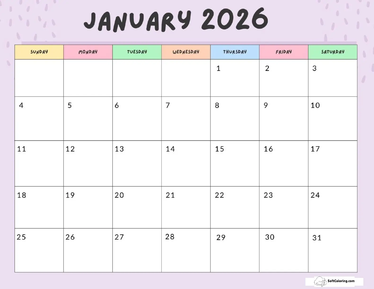 January 2026 Calendar Printable Colorful Landscape