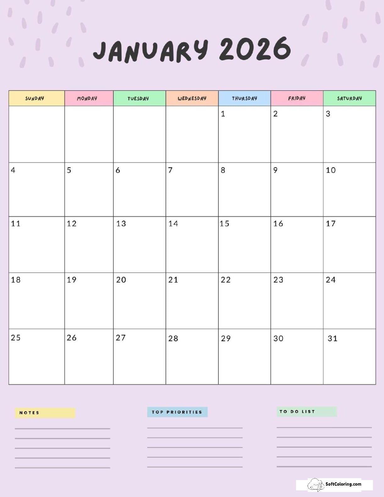 January 2026 Calendar Printable Colorful Portrait