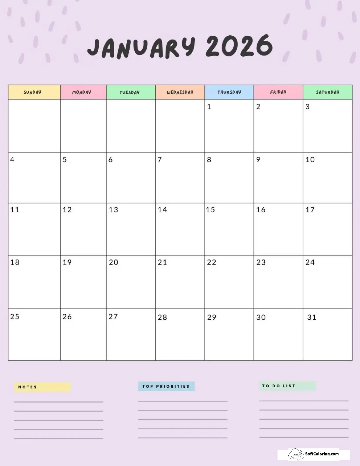 January 2026 Calendar Printable Colorful Portrait
