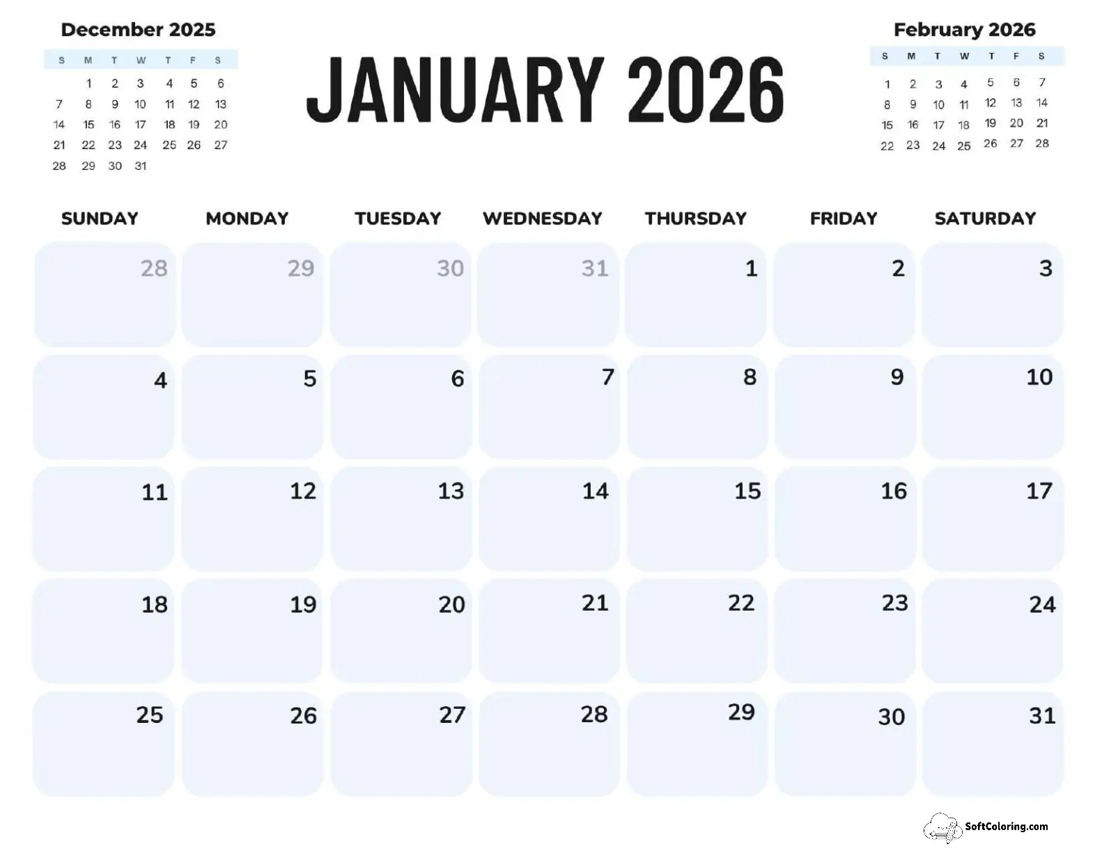 January 2026 Calendar Printable Corporate Landscape