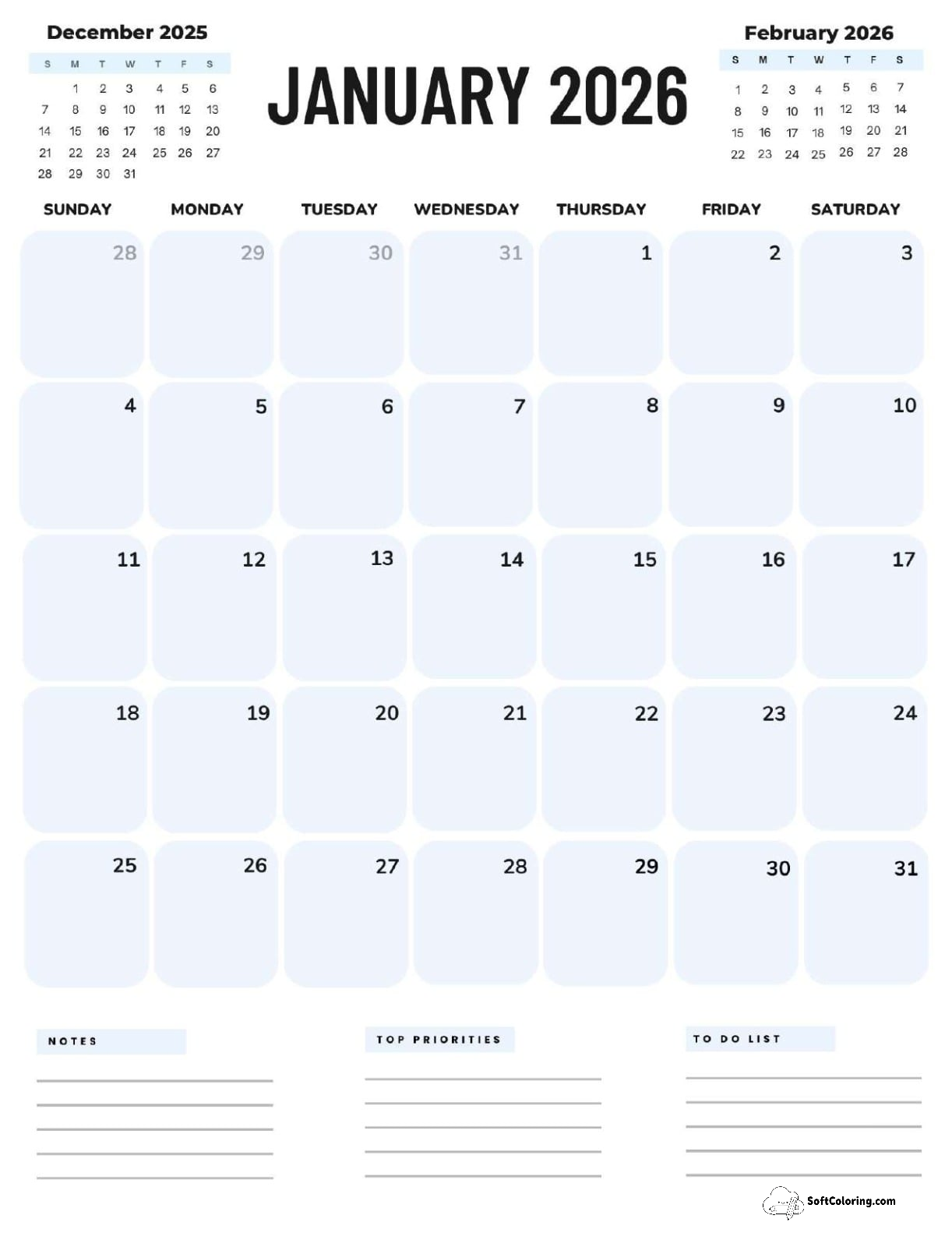 January 2026 Calendar Printable Corporate Portrait