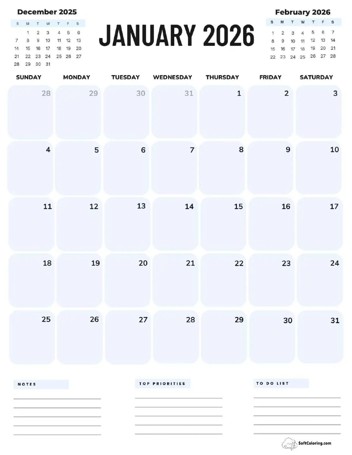 January 2026 Calendar Printable Corporate Portrait
