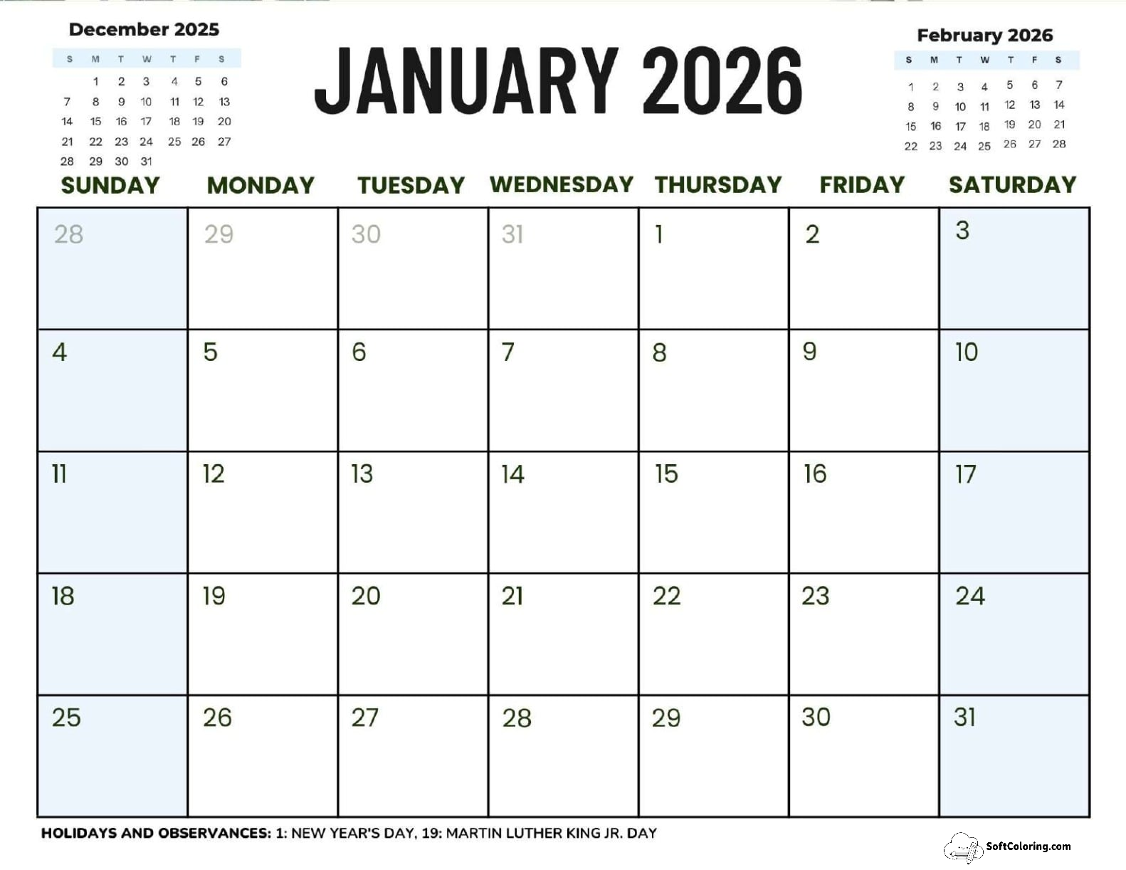 January 2026 Calendar Printable Corporate2 Landscape