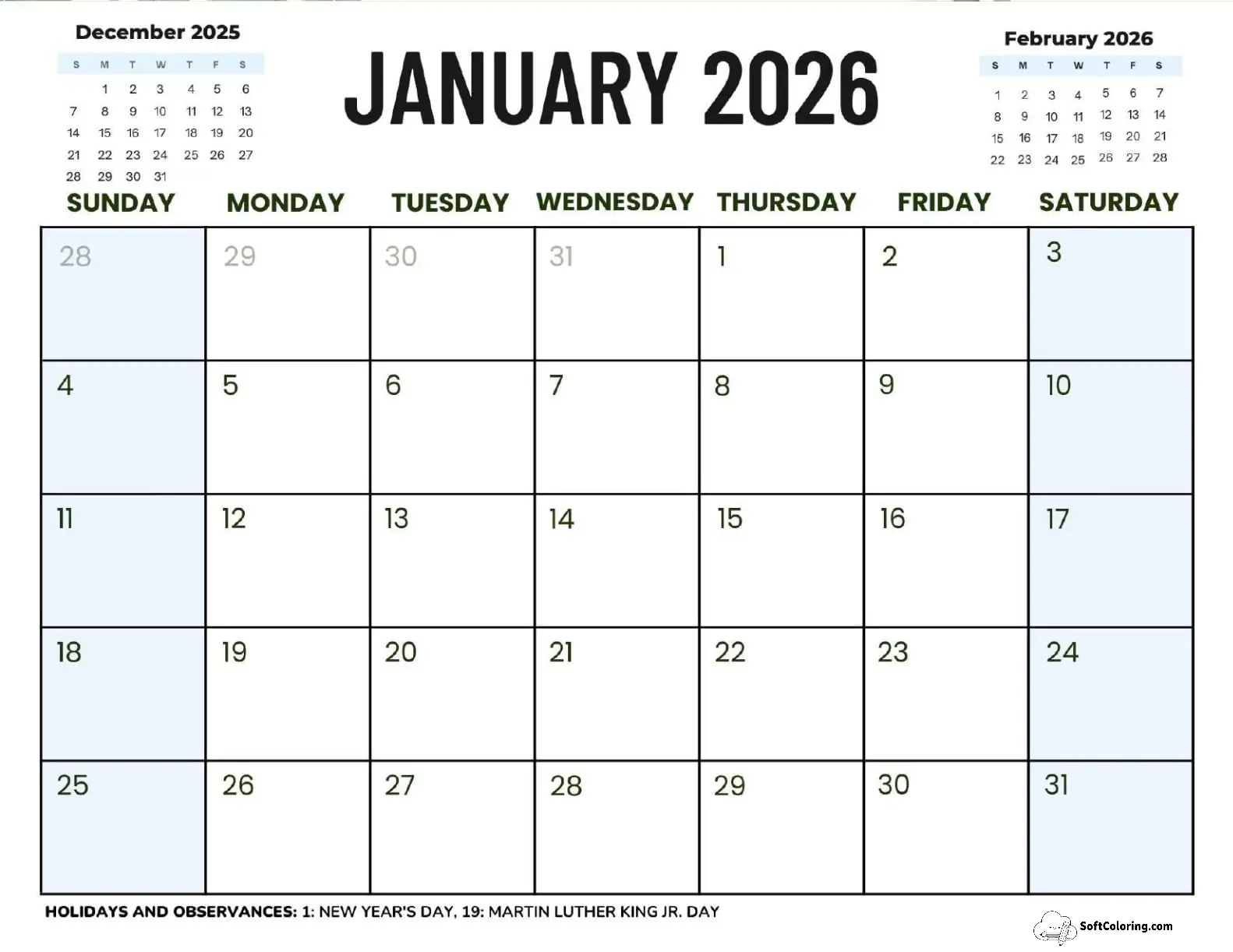 January 2026 Calendar Printable Corporate2 Landscape