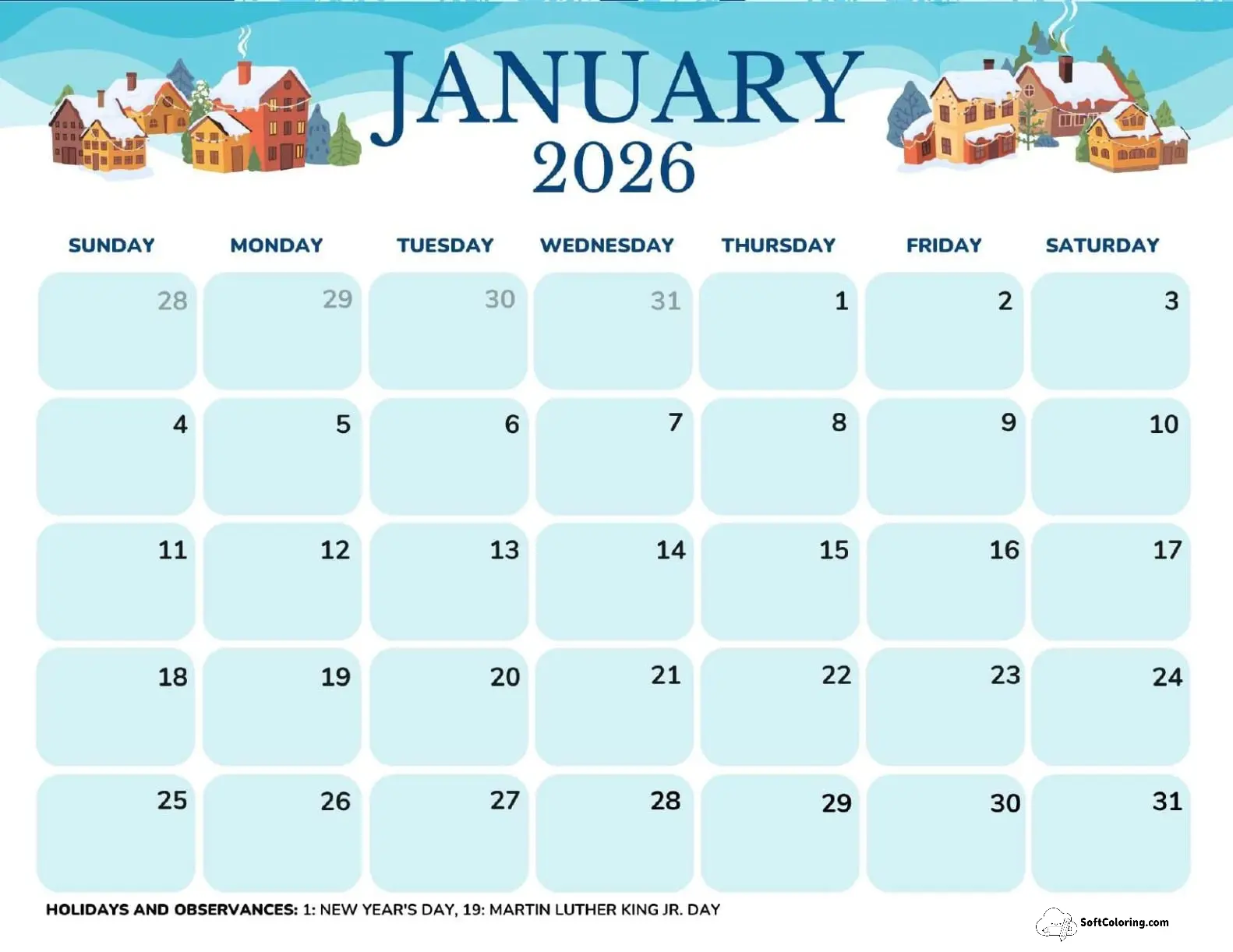 January 2026 Calendar Printable Cottage Landscape