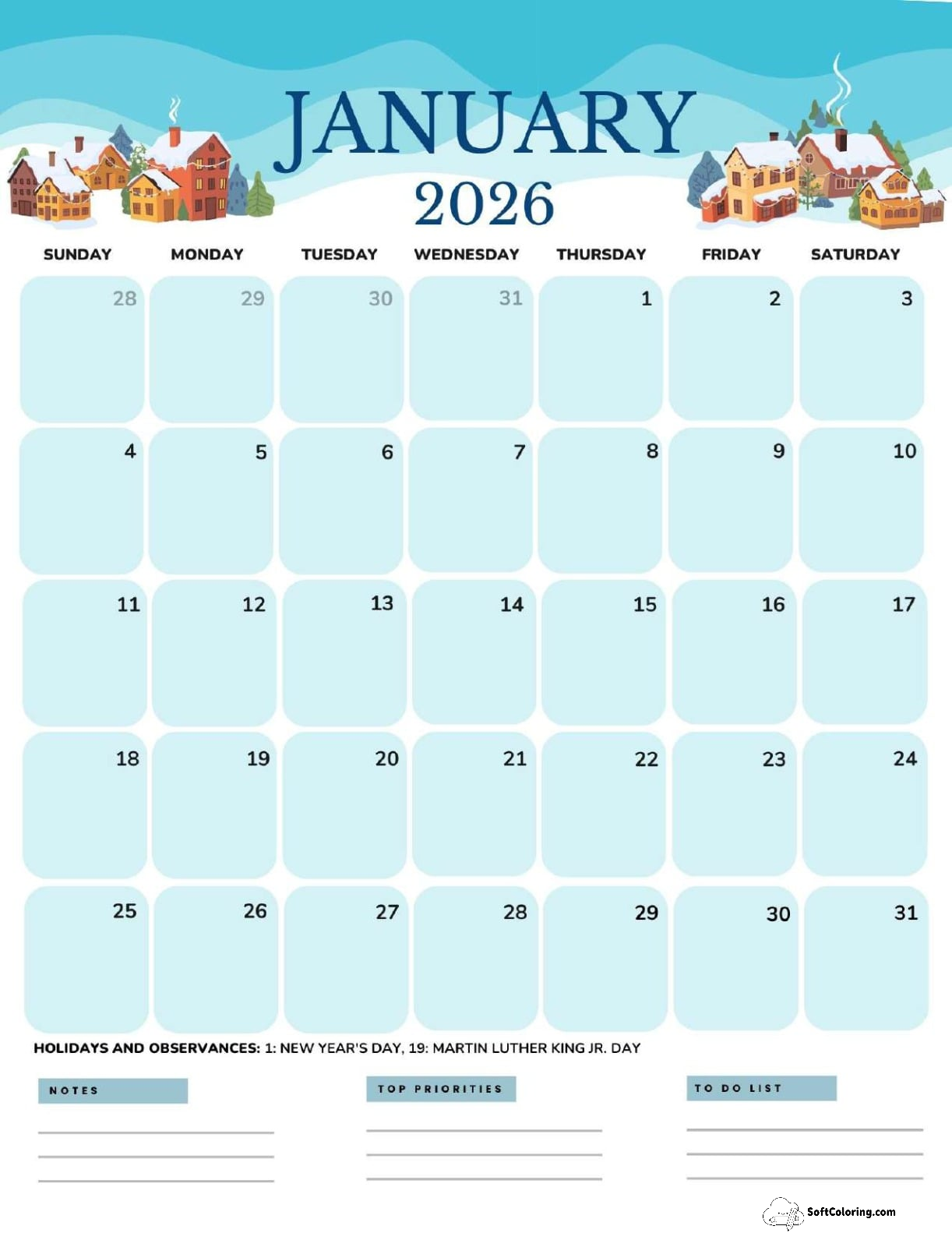 January 2026 Calendar Printable Cottage Portrait