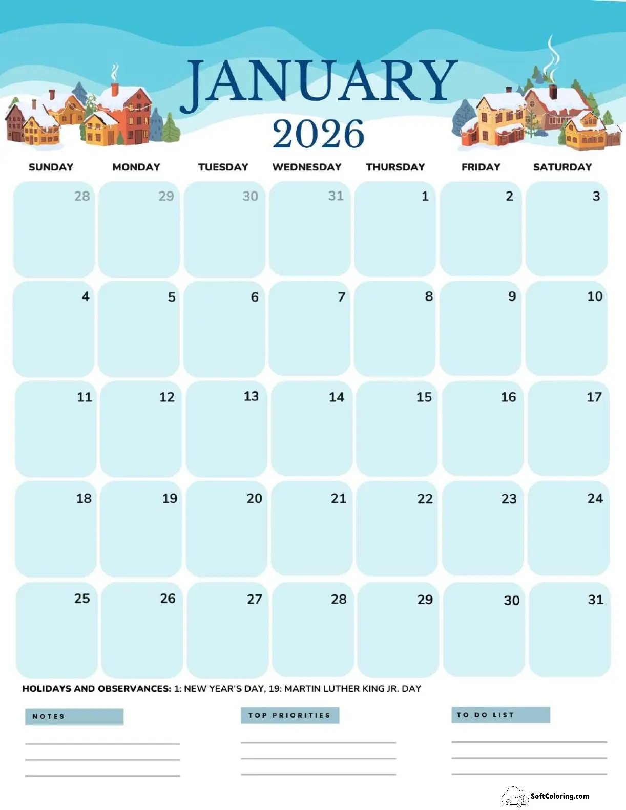 January 2026 Calendar Printable Cottage Portrait