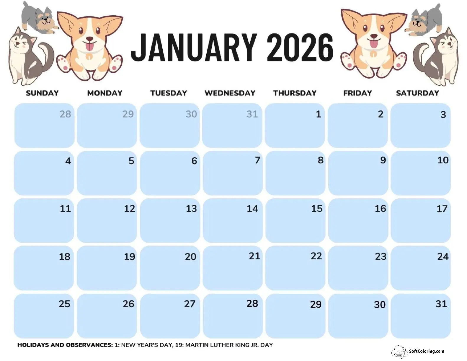 January 2026 Calendar Printable Dogs Landscape