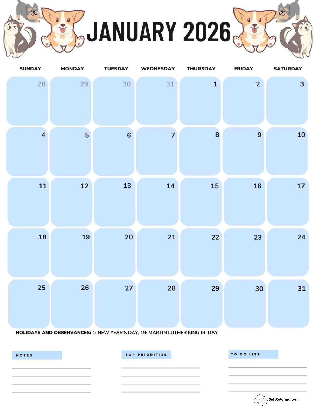 January 2026 Calendar Printable Dogs Portrait