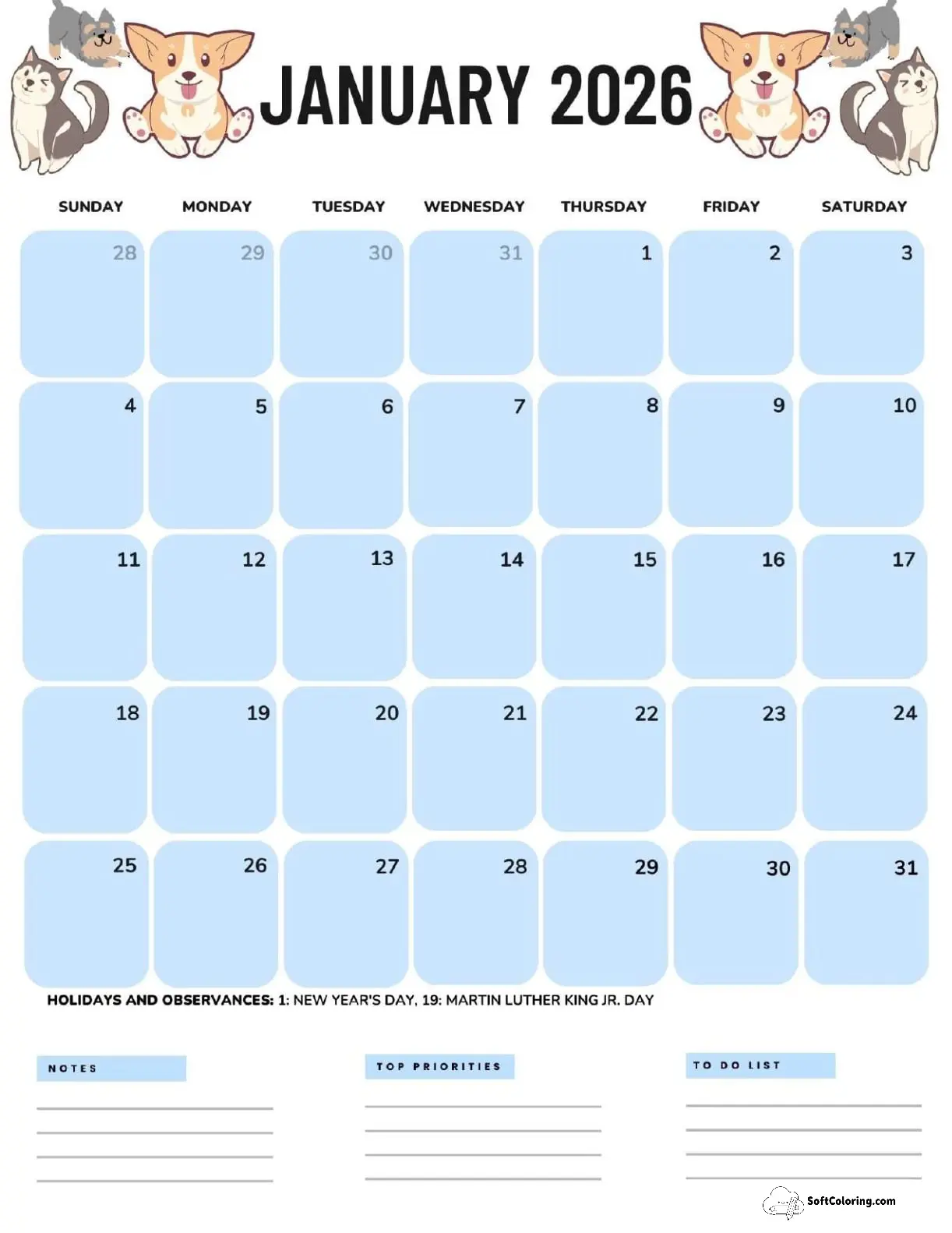 January 2026 Calendar Printable Dogs Portrait