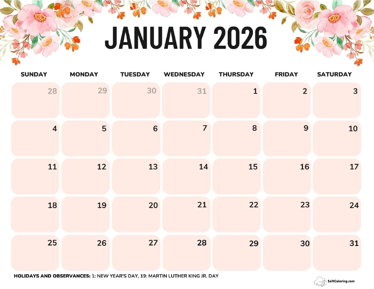 January 2026 Calendar Printable Flowers Landscape