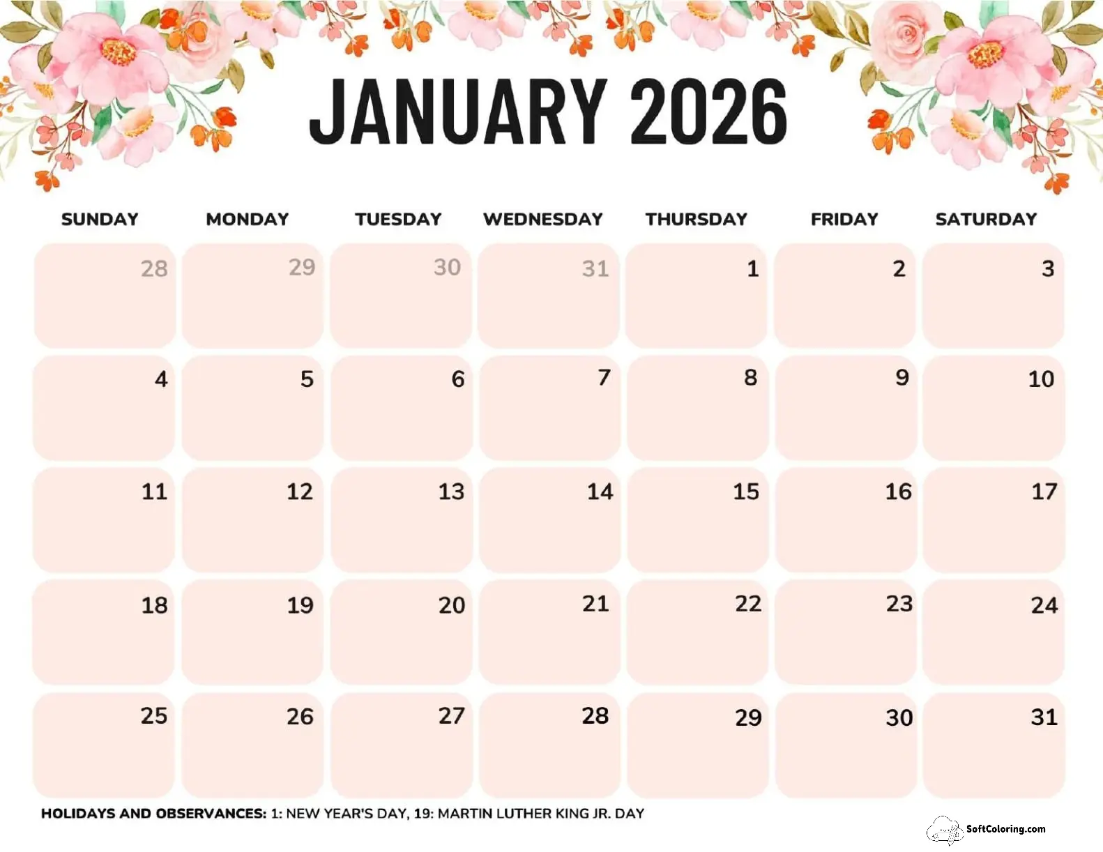 January 2026 Calendar Printable Flowers Landscape