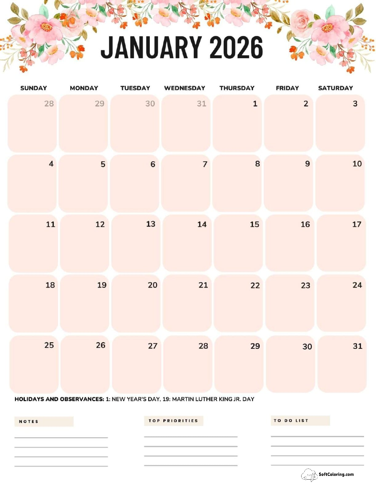 January 2026 Calendar Printable Flowers Portrait